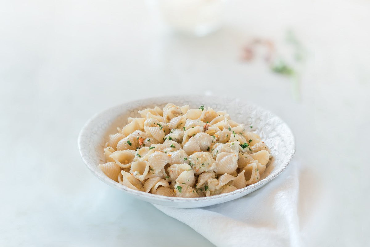 Gluten Free Shells with Creamy Walnut Sauce
