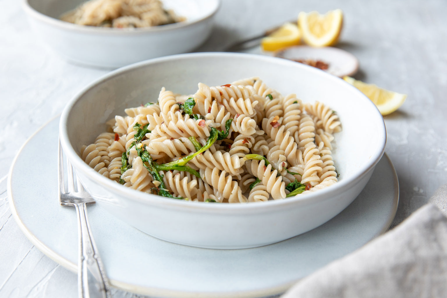 Fusilli with broccoli rabe and red pepper flakesfusilli with spring greens