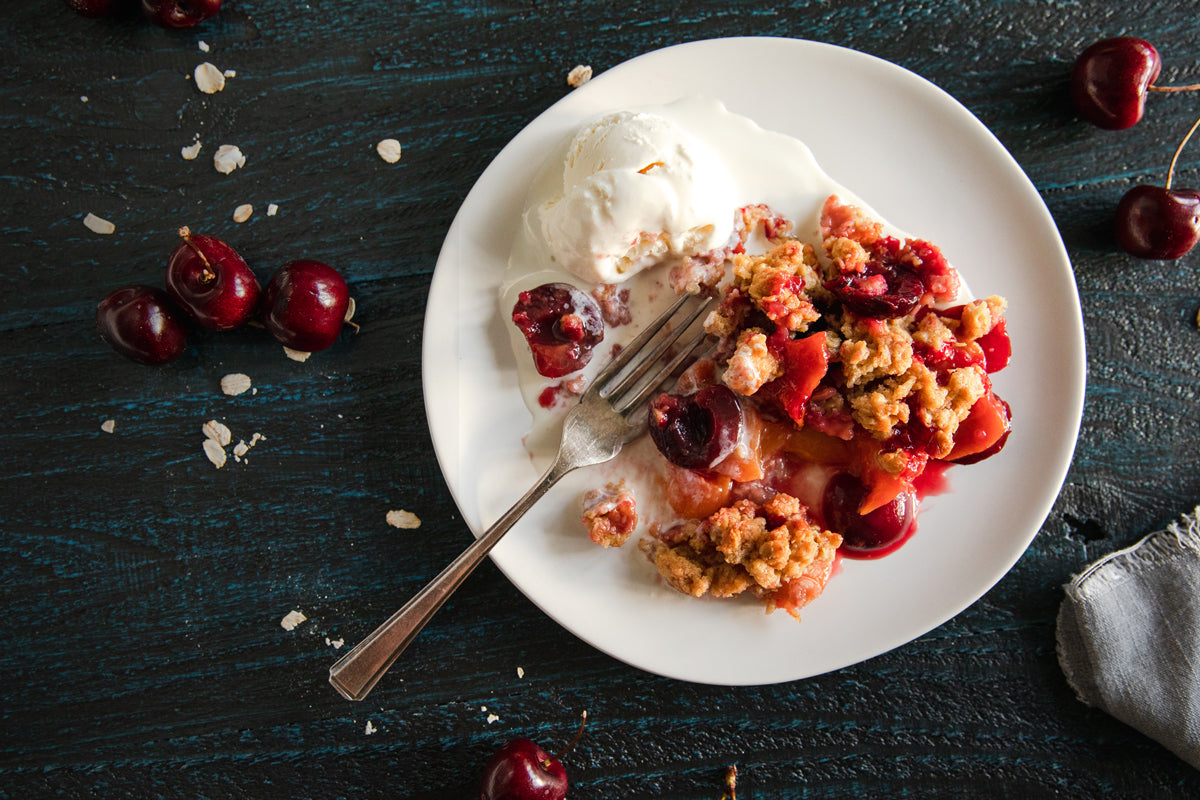 Einkorn Fruit CrumblePeaches and cherries for Fruit Crumble FillingEinkorn Fruit CrumbleEinkorn Fruit CrumbleEinkorn Fruit Crumble