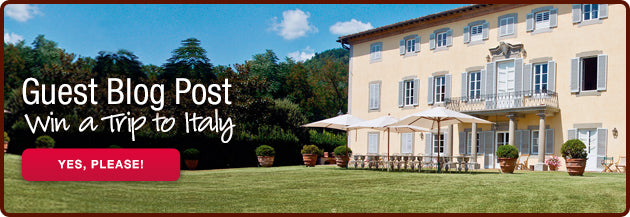 Villa and lawn with banner reading 'Guest Blog Post Win a Trip to Italy' and button 'YES, PLEASE!'