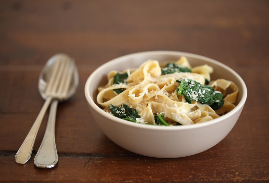 Brown Rice Tagliatelle with Spinach and Cream Sauce
