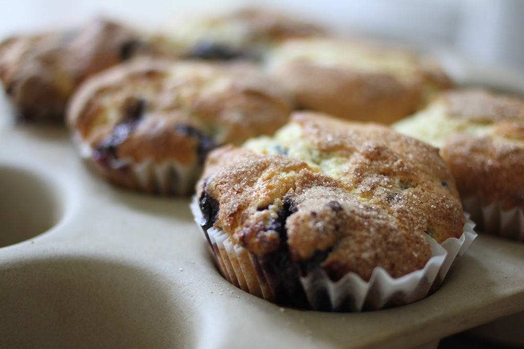 Cinnamon Dusted Einkorn Blueberry Muffins
