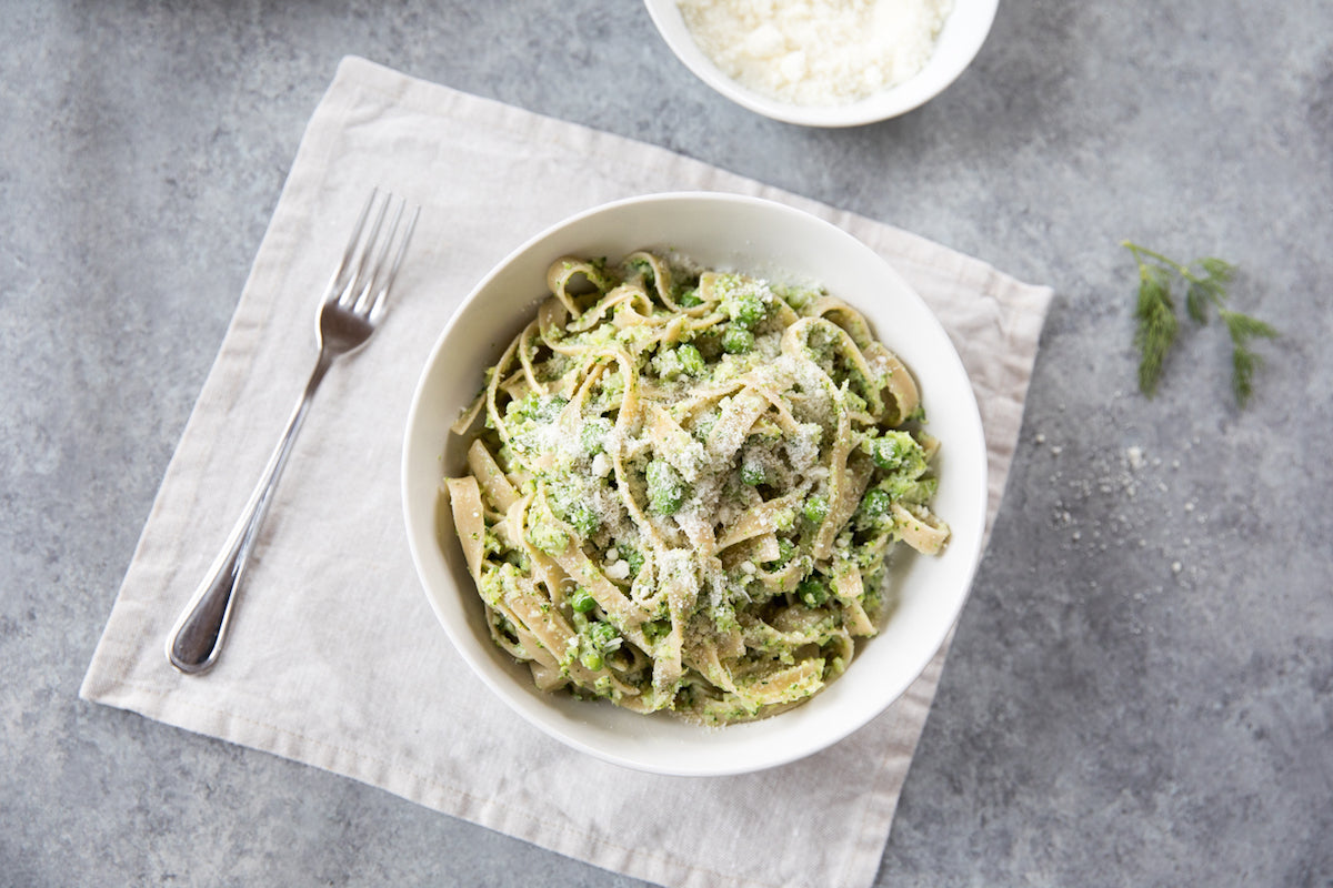 Creamy Broccoli Tagliatelle Pasta with Peas