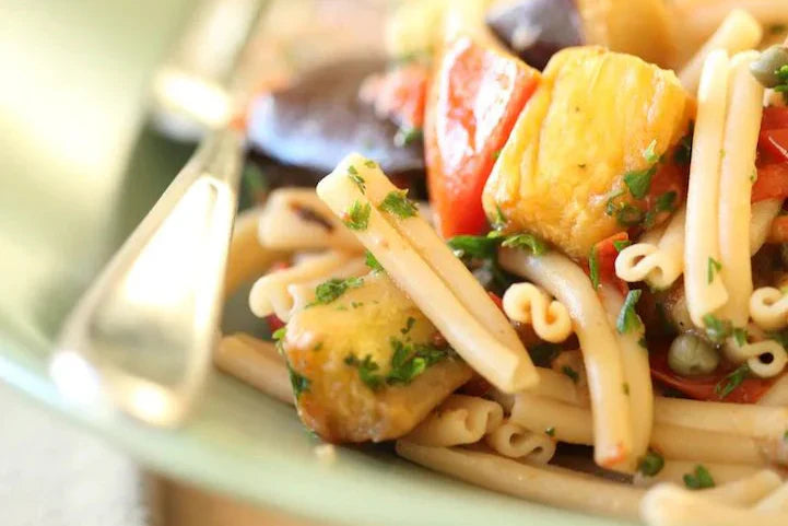 Caserecce with Roasted Eggplant, Tomato, Olives and Capers