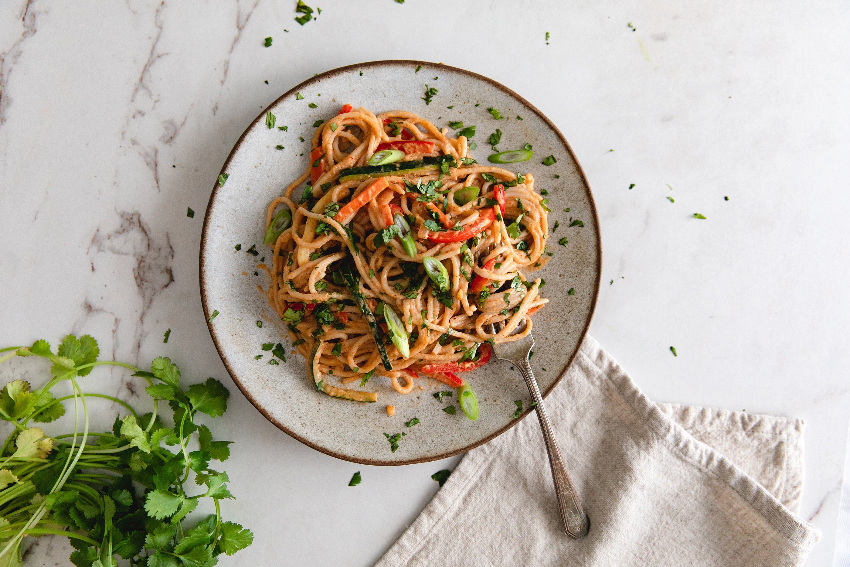 Spaghetti with Peanut Sauce and Summer Veggie Streamers