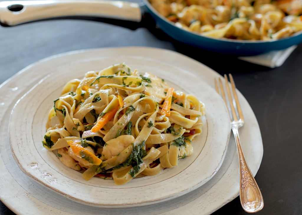 Tagliatelle with Prosecco Chicken, Rainbow Chard & Heirloom Carrots