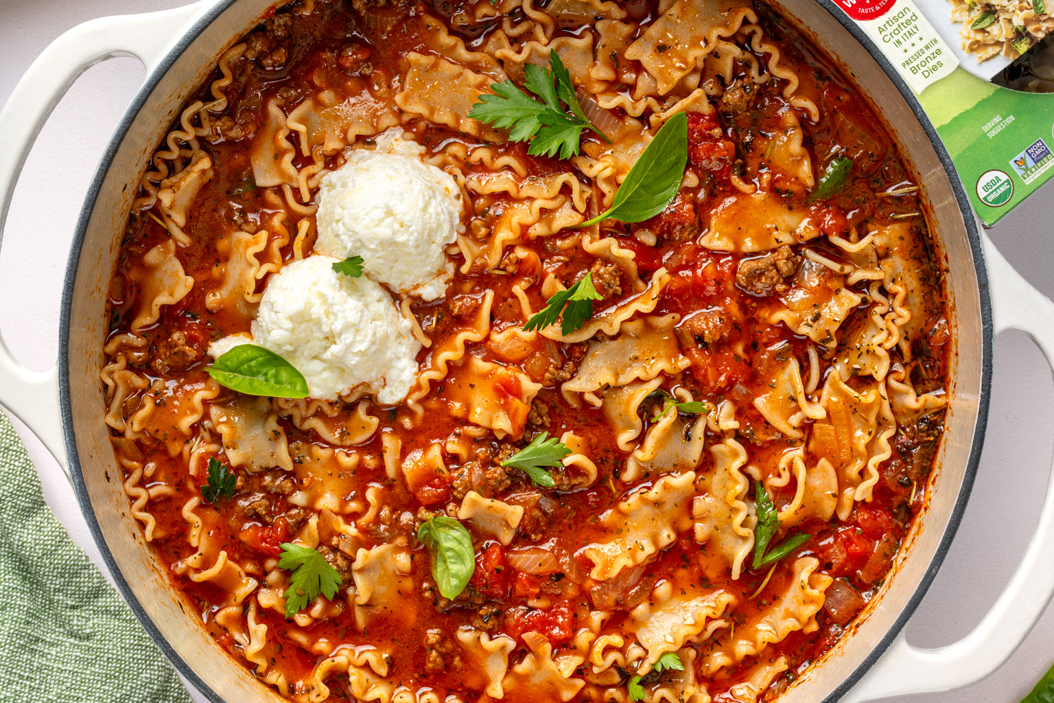 "Lasagna" Soup with Gluten Free Mafalda