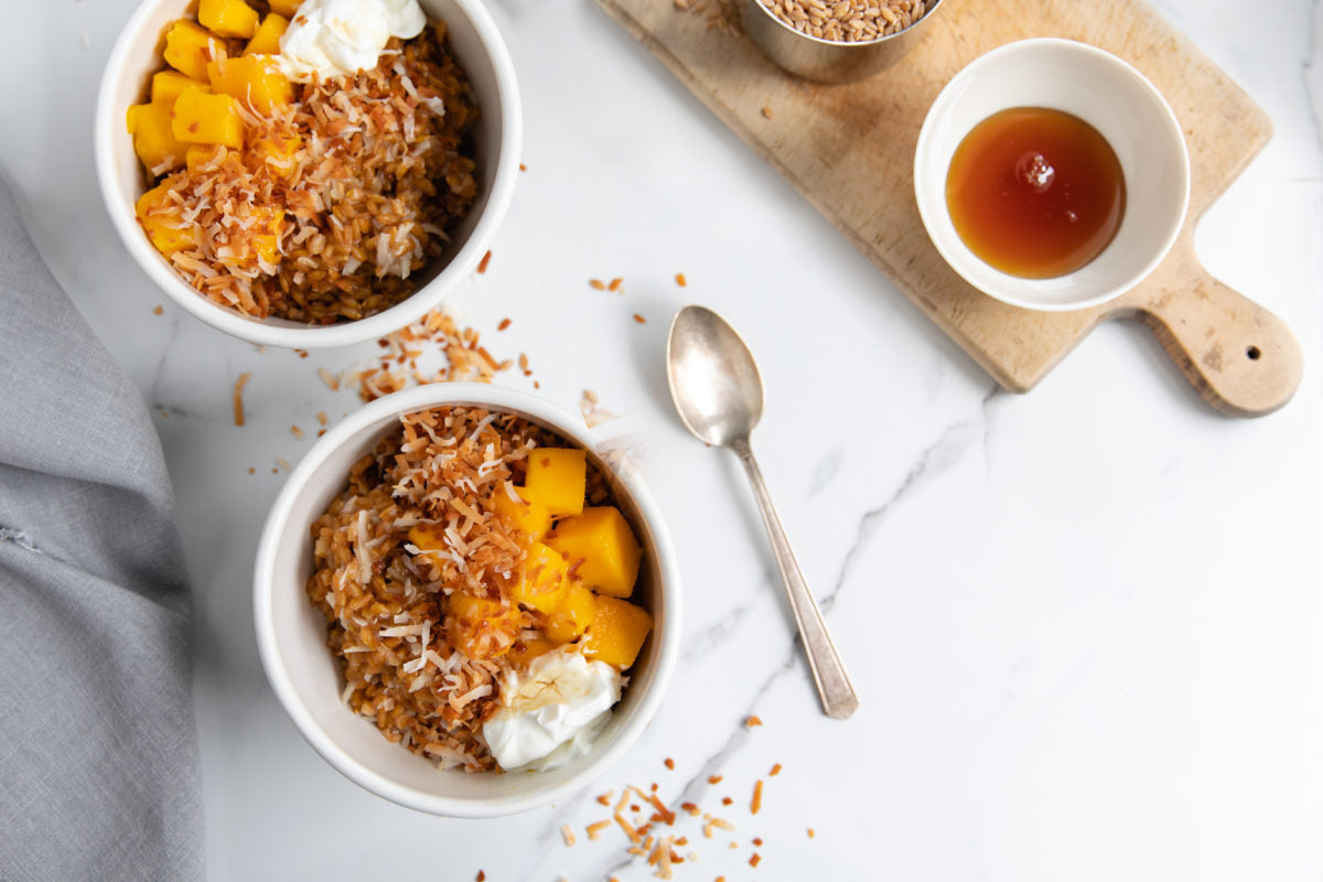 Wheat Berry Breakfast Bowl With Mango & Coconut