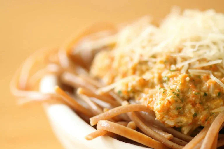 Whole Grain Einkorn Linguine with Roasted Pepper and Almond Pesto