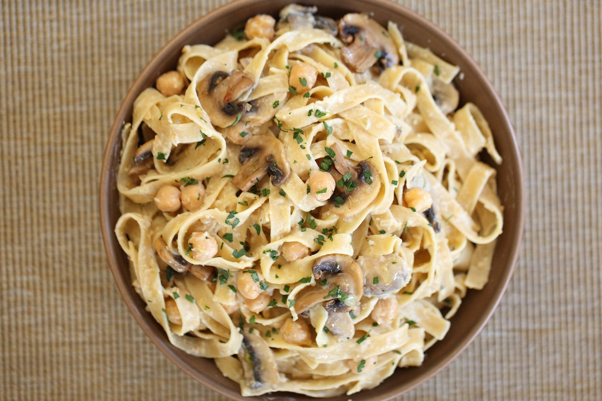 Brown Rice Tagliatelle with Creamy Mushrooms and Chickpeas
