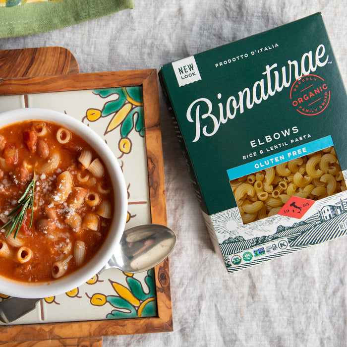 Bowl of Pasta e Fagioli Soup with Bionaturae Gluten Free Rice & Lentil Elbows