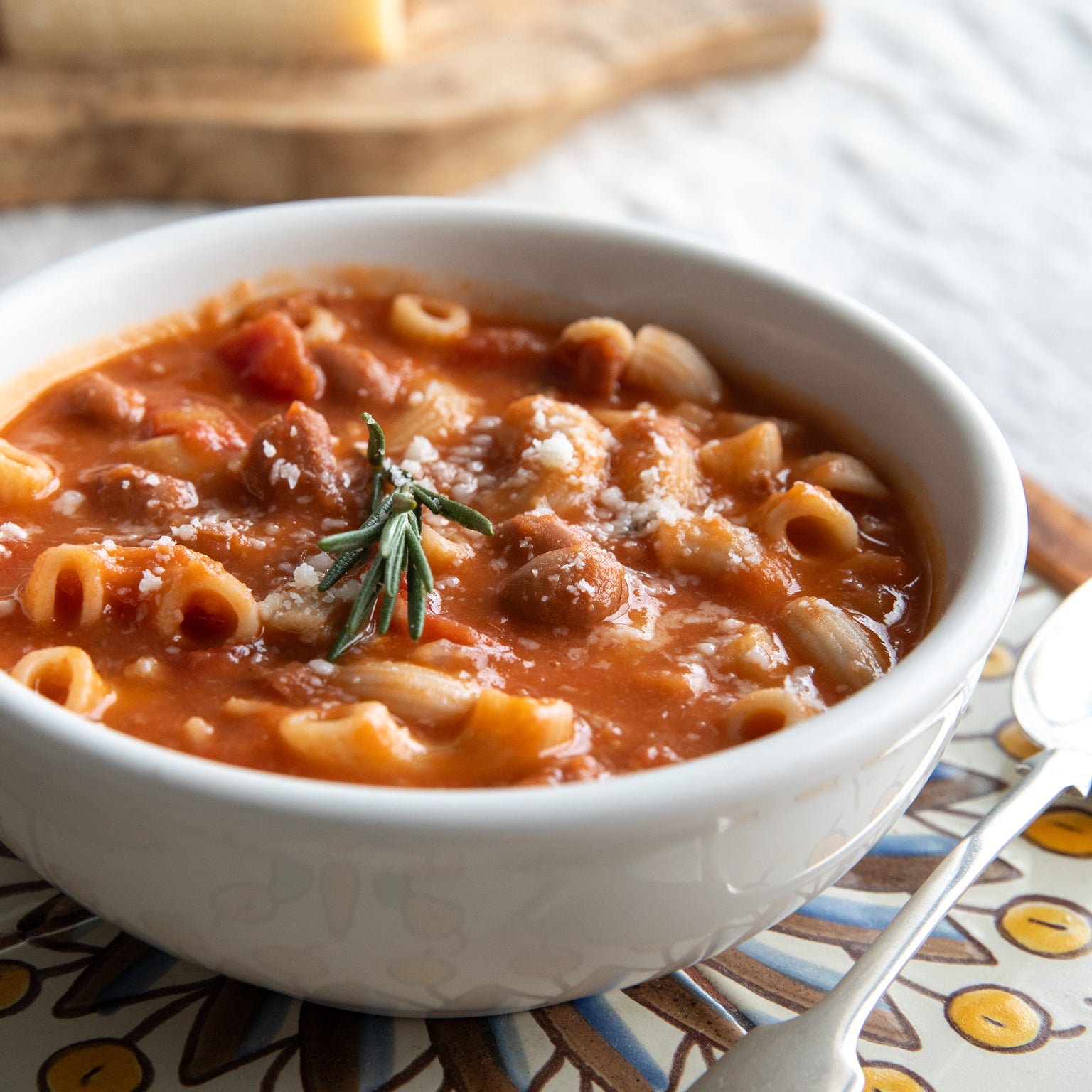 Bowl of Pasta e Fagioli Soup with Bionaturae Gluten Free Rice & Lentil Elbows